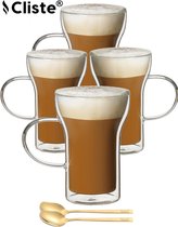 Latte Macchiato Glazen Met Oor - 400 ML - 4 Stuks - Gratis 4x Lepel - Dubbelwandige glazen - Koffieglazen - Cappuccino Glazen - Theeglazen