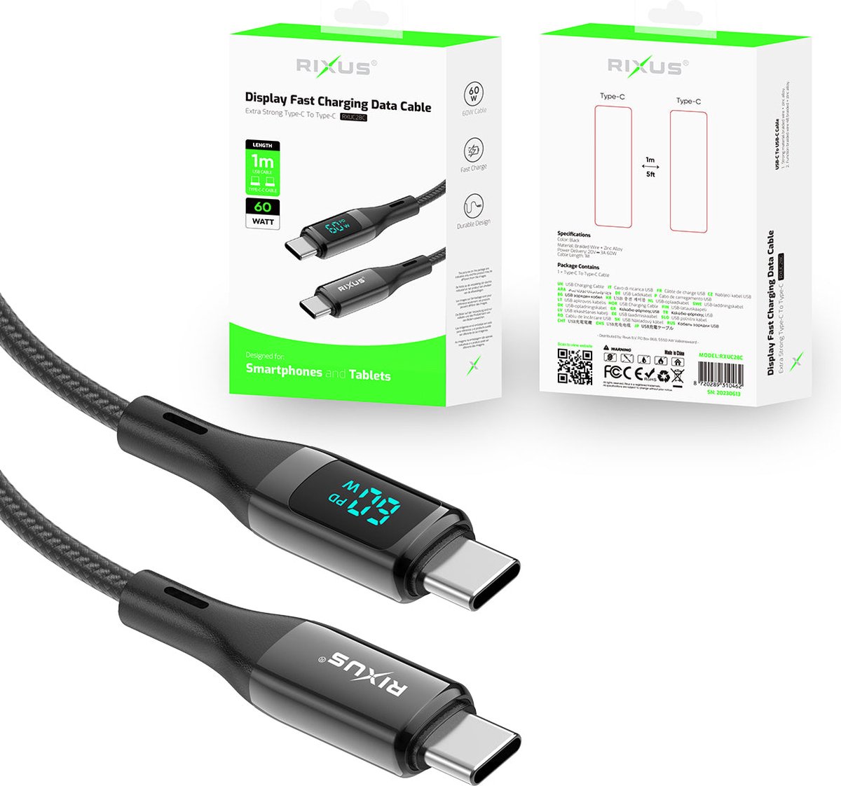 Rixus - Gevlochten USB-C naar USB-C Kabel Met LED Display 1m - Zwart