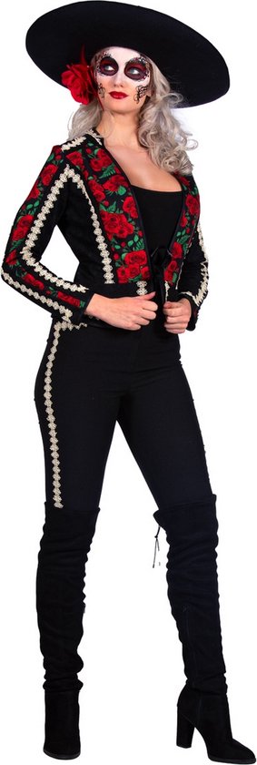 Wilbers & Wilbers - Spaans & Mexicaans Kostuum - Mexicaanse Mariachi Rose Della Rosa - Vrouw - Rood, Zwart - Maat 36 - Halloween - Verkleedkleding