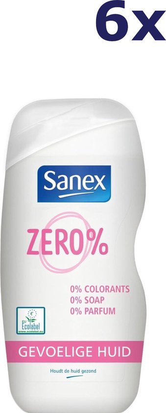 Gel douche Sanex ZERO% Peau Sensible, 0% colorants, 0% savon, 0% parfum. 6x.