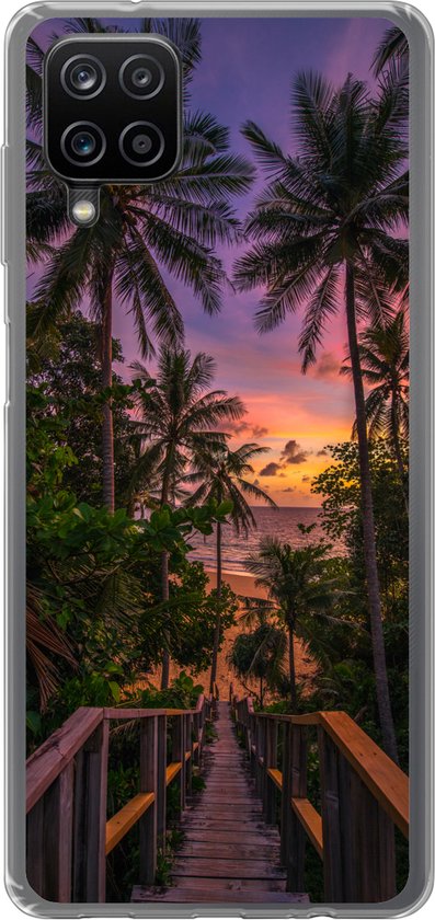 Samsung Galaxy A12 hoesje siliconen flexibel beschermend telefoonhoesje zonsondergang palmbomen strand