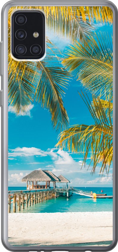 Geschikt voor Samsung Galaxy A52 5G hoesje - Strand - Palmboom - Zee - Siliconen Telefoonhoesje