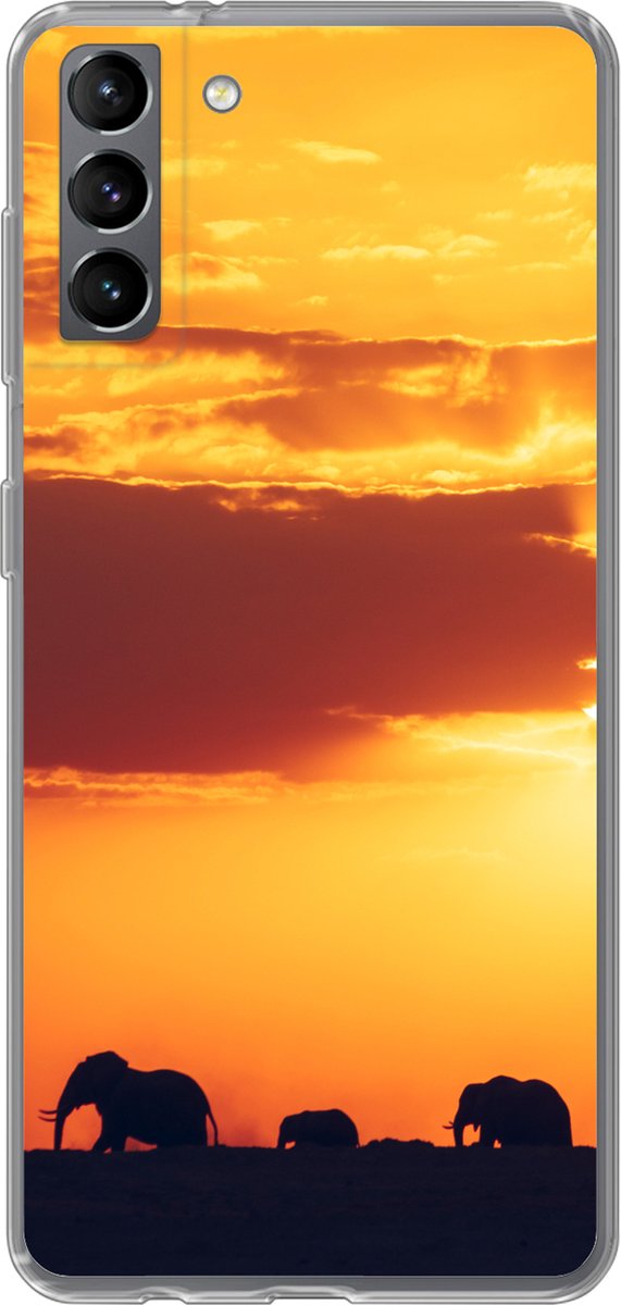 Telefoonhoesje Geschikt voor Samsung Galaxy S21 Plus hoesje - Olifanten - Horizon - Zonsondergang - Dieren - Siliconen Telefoonhoesje Telefoonhoesje