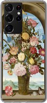 Geschikt voor Samsung Galaxy S21 Ultra hoesje - Vaas met bloemen in een venster - Schilderij van Ambrosius Bosschaert de Oude - Siliconen Telefoonhoesje