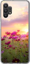 Geschikt voor Samsung Galaxy A32 5G hoesje - Zonsondergang - Bloemen - Roze - Natuur - Groen - Siliconen Telefoonhoesje