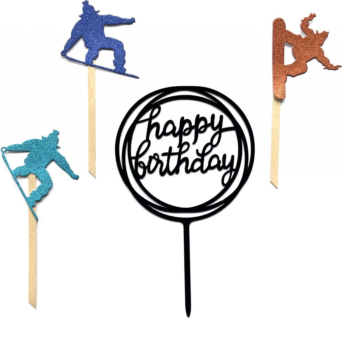 Snowboard wintersport Happy birthday taart vlag - taart topper - taart decoratie - verjaardag versiering - prikkers met versiering - taartversiering