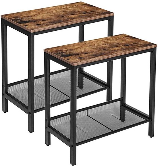 VASAGLE LET24X Bijzettafels, set van 2 tafels met verstelbare netplanken, industriële stijl, voor woonkamer, slaapkamer, hal, kantoor, vintage bruin en zwart