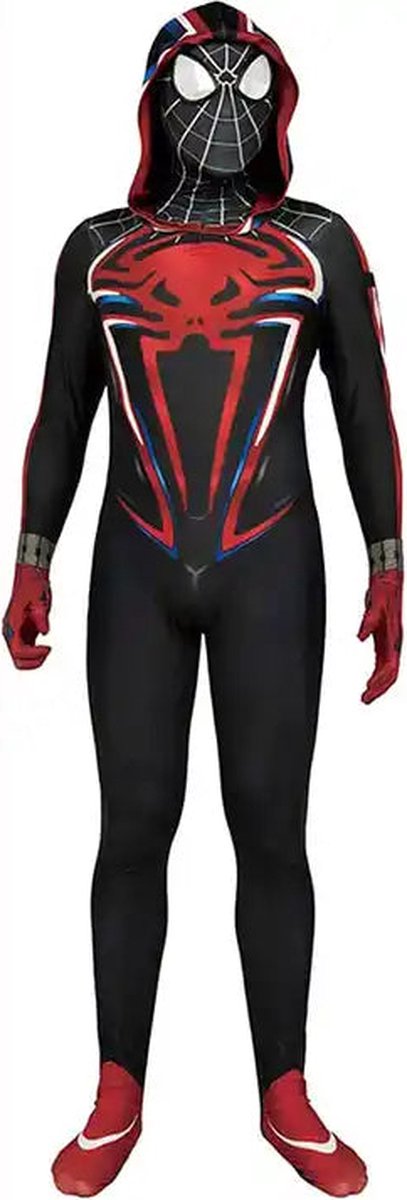 Superheldendroom - Urban Webheld Hoodie Kostuum – Zwart‑Rood – Stretch met hoodie - 104 (3/4 Jaar) - Verkleedkleding - Superheldenpak - Actieheld - Carnaval