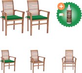 vidaXL Eetkamerstoelen 2 st met groene kussens massief teakhout Tuinstoel Inclusief Houtreiniger en verfrisser