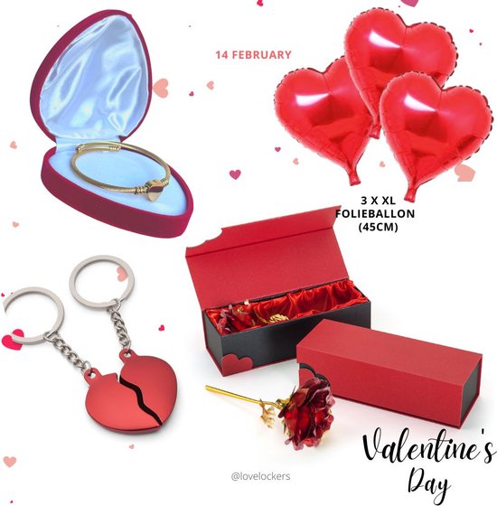 Lovelockers® | Valentijn Cadeau Pakket | Rode Roos in Luxe Verpakking | Sieraden Doosje |3 x XL Hart Folie Ballon | Sleutelhanger Broken Hearts | Moederdaggeschenk | Moederdagcadeau |