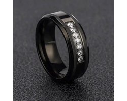 Walletstreet Diamond Elegance Ring- edelstaal- rvs-kleur- Zwart met witte kristallen stenen voor mannen en vrouwen-Kerstcadeau-Ideale geschenk