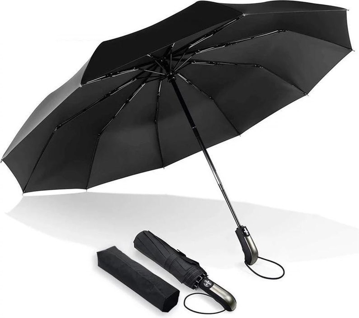 Paraplu - Stormparaplu - Automatisch uitklapbaar - Opvouwbaar - 110 cm XL - Open en dicht knop - Stormbestendig tot 140km p/u - Incl. Beschermhoes - Zwart - Virelo