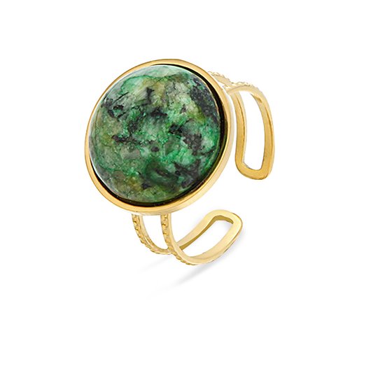 Ring – Rvs – ronde Afrikaans turquoise 14 mm - edelsteen - Goudkleurig 18K PVD plating – Verstelbare – ontwerp – Makkelijke voor mensen met moeilijke en artrose vingers