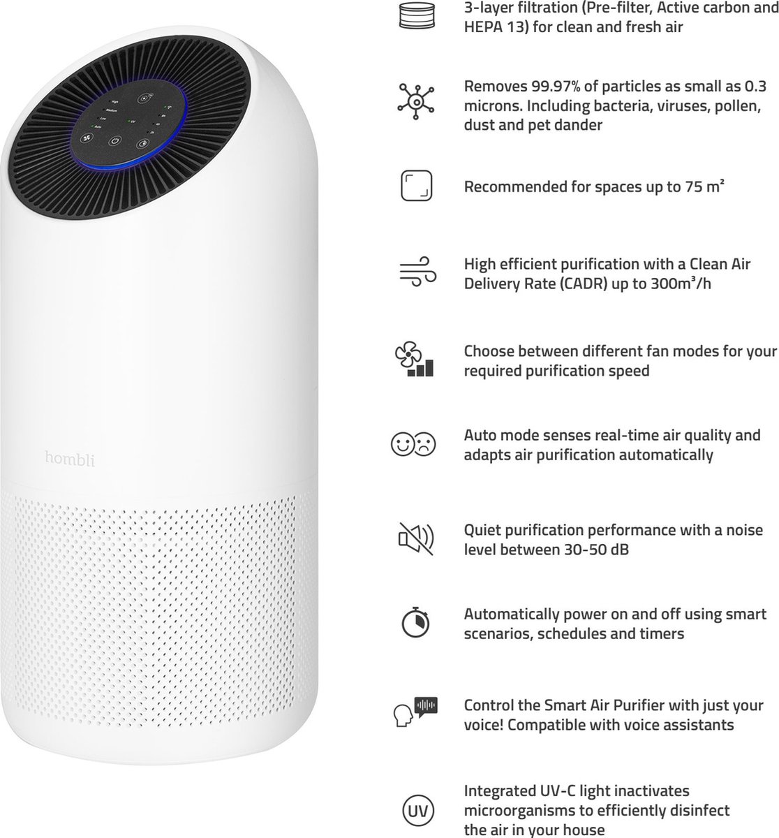 Hombli Smart Air Purifier XL – Luchtreiniger – HEPA 13 Filter en Actieve Koolstoffilter – Wifi - Bediening via App – Spraakbesturing met Google, Alexa en Siri — afbeelding 7