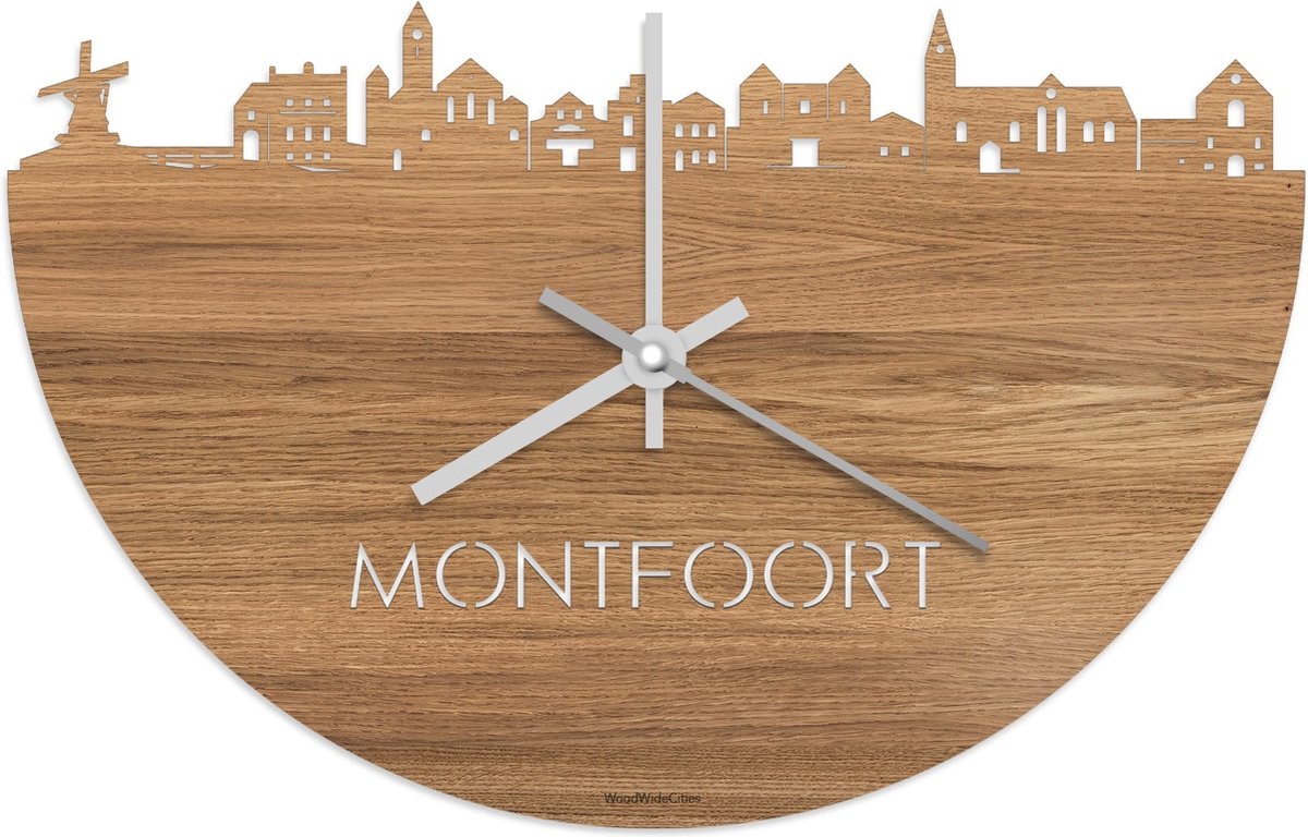 Skyline Klok Montfoort Eikenhout - Ø 40 cm - Stil uurwerk - Wanddecoratie - Meer steden beschikbaar - Woonkamer idee - Woondecoratie - City Art - Steden kunst - Cadeau voor hem - Cadeau voor haar - Jubileum - Trouwerij - Housewarming - WoodWideCities