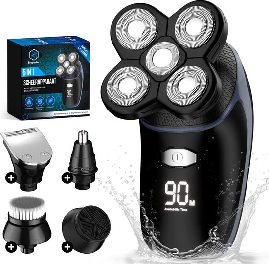 Scheerapparaat Mannen 5 in 1 - Trimmer - Draadloos Nat en Droog Scheren - Skullshaver - Scheren - Electric Shaver - 5 Opzetstukken - Zwart/Blauw