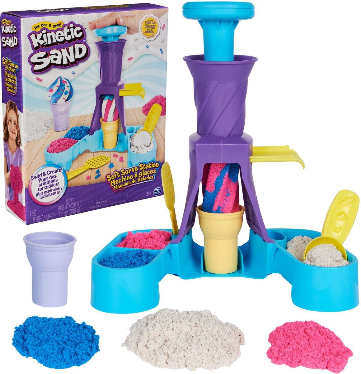 Kinetic Sand - Softijsjes Speelset met 396 g speelzand in blauw roze en wit - 2 ijshoorntjes en 2 stuks gereedschap - Sensorisch speelgoed