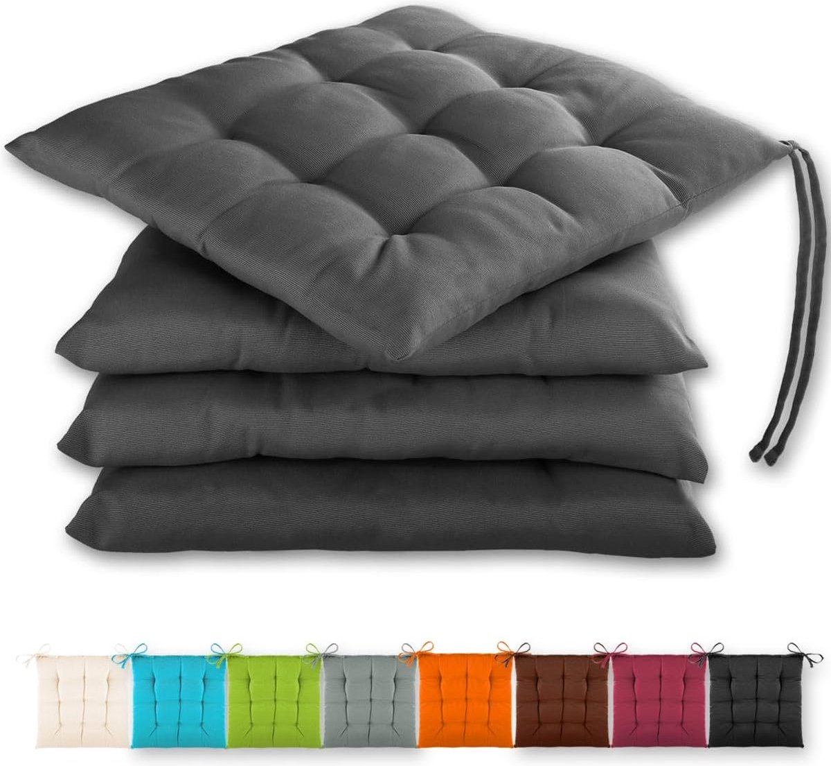 Set van 4 zitkussens 40x40x3cm met bevestigingsbanden voor Binnen en Buiten met - (Antraciet)