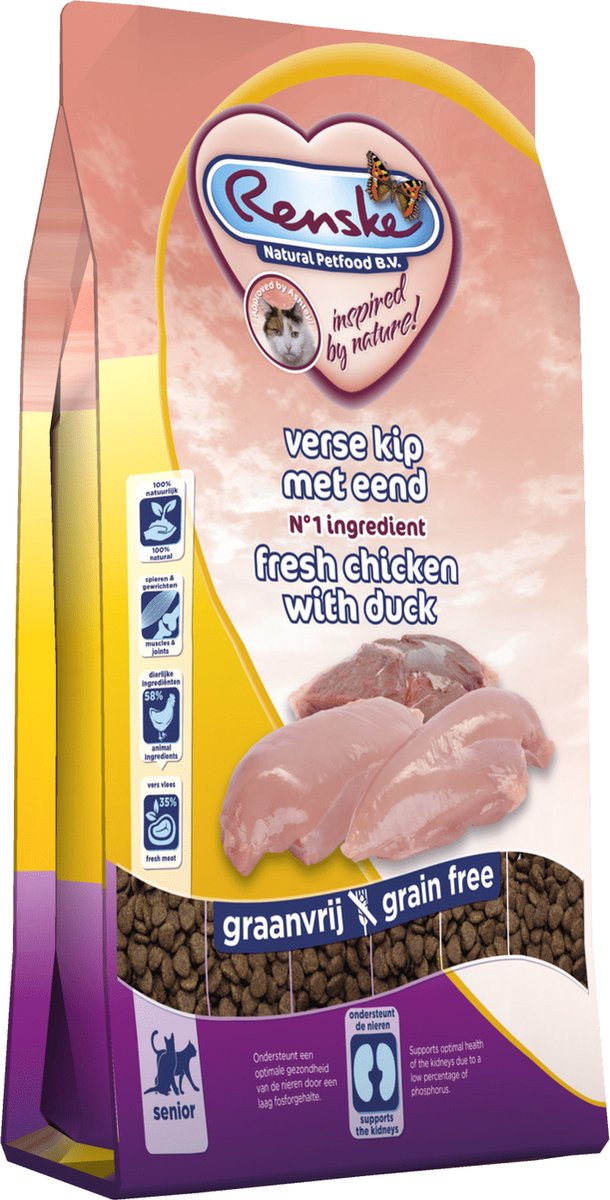 Renske Senior Graanvrij Super Premium vers bereid kip met eend kattenvoer 2 x 1,5 kg