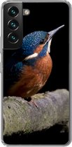 Geschikt voor Samsung Galaxy S22 hoesje - IJsvogel - Tak - Veren - Zwart - Siliconen Telefoonhoesje