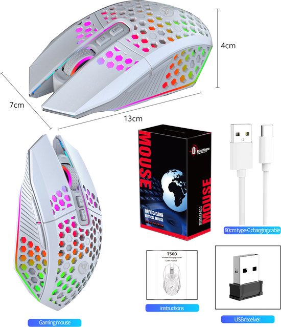 Witte gamingmuis met honingraatontwerp, RGB-verlichting, afmetingen 13x7x4cm. Inclusief instructies, USB-ontvanger en oplaadkabel.