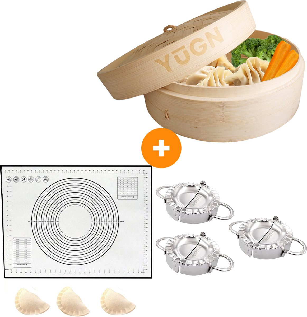 YUGN Stoommandje Bamboe en Dumpling Maker Set van 3 formaten en inclusief Siliconenmat - Stoommand geschikt voor kookpan en steelpan - Cadeautip