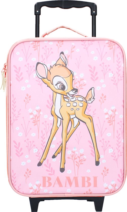 Roze kinder koffer met Bambi en bloemenprint. "BAMBI" staat op de voorkant.