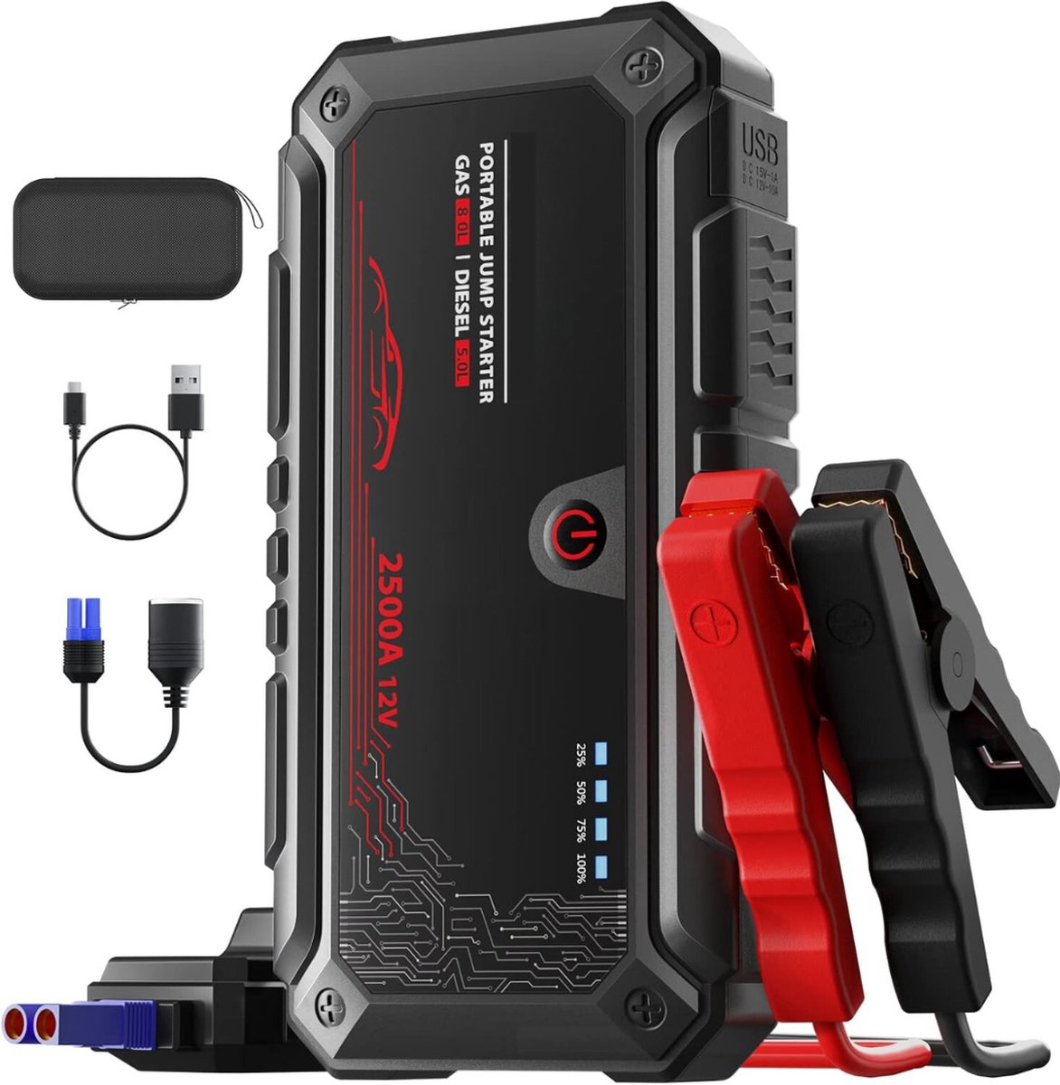 Jumpstarter - Draagbare Auto Starthulp Powerbank - Jump Starter 2500A, 12V, 20800mAh - Voor 8.0L Benzinemotor of 5.0L Dieselmotor - Betrouwbare Autoaccu Starter met Smart Startkabel