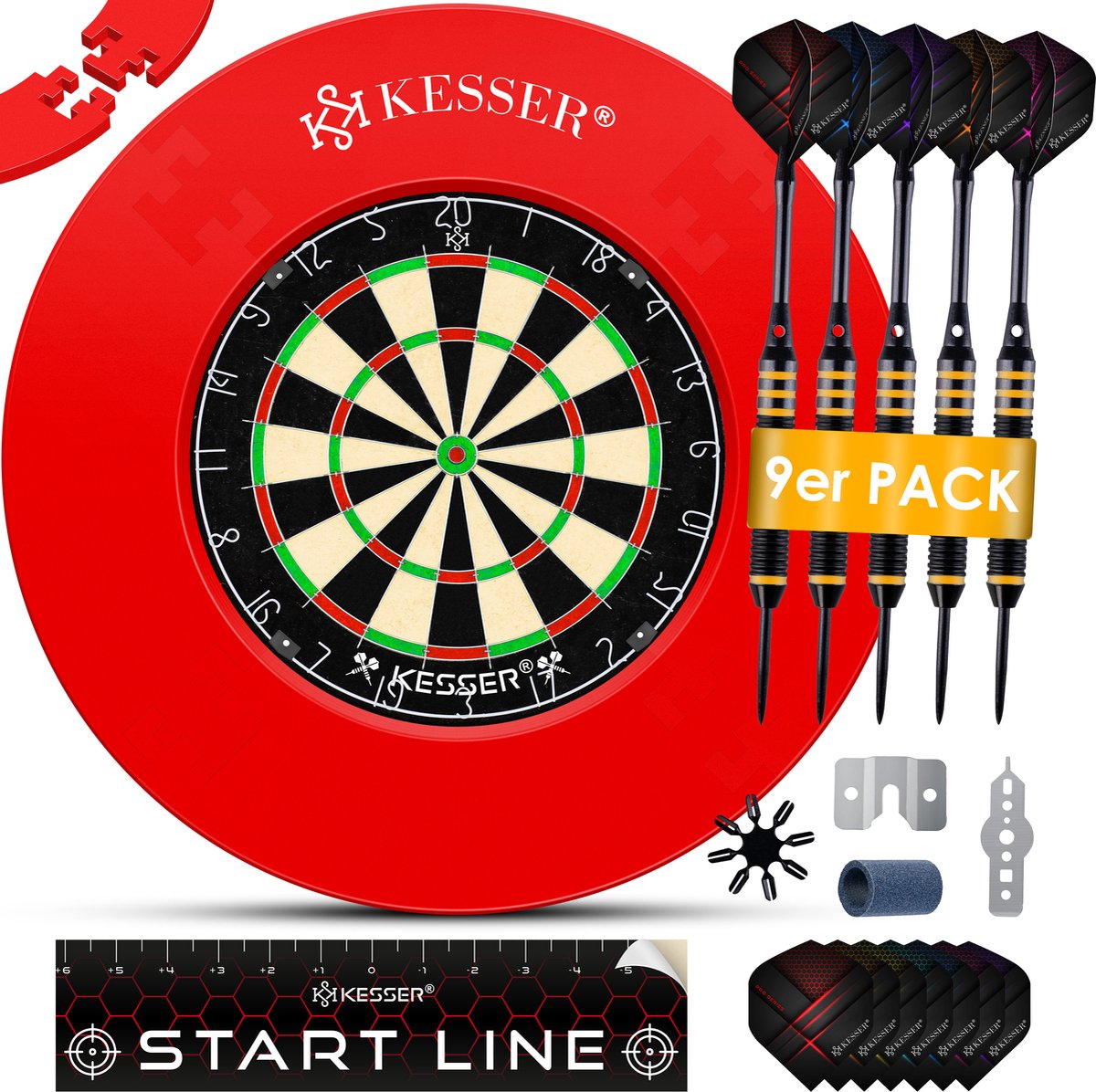 KESSER® Dartbord Sisal met Surround Ring Rood - 38-delige Dart Set inclusief 9x Dartpijlen en 21x Dartflights + Accessoires