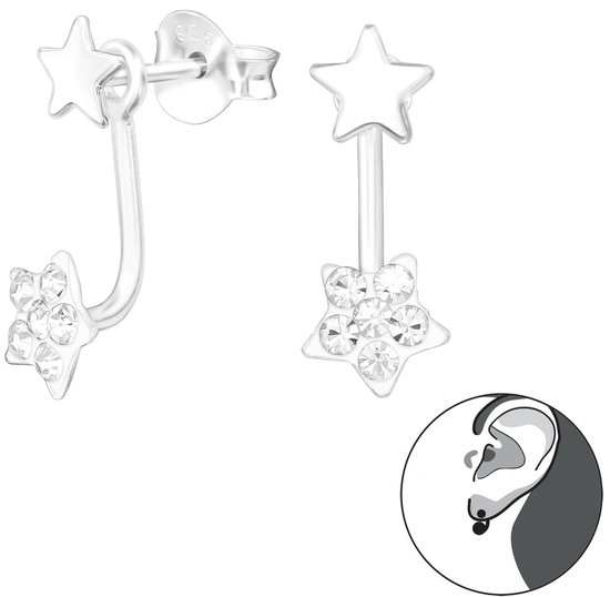 Joy|S - Zilveren ster oorbellen - ear jackets - 2 sterren - kristal
