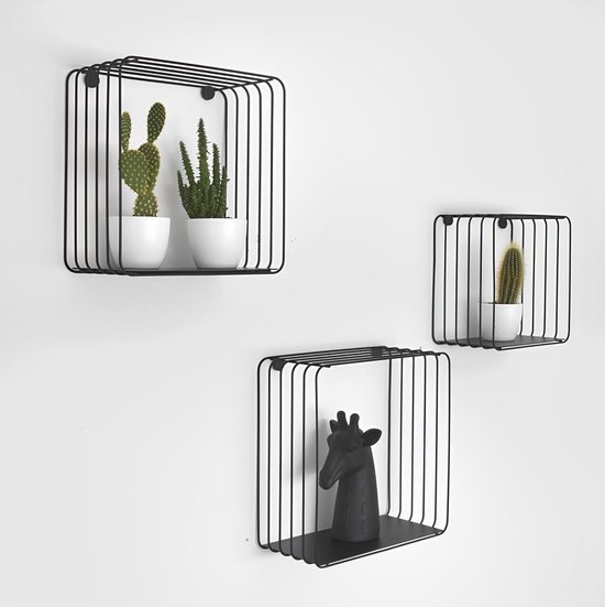 Wandplank Cube Zwevend - Zwart Wit - Voor Tegen De Muur - Set Van 3 Wandplanken Wandrek Fotoplank Kinderkamer Boekenplank Hout Mdf