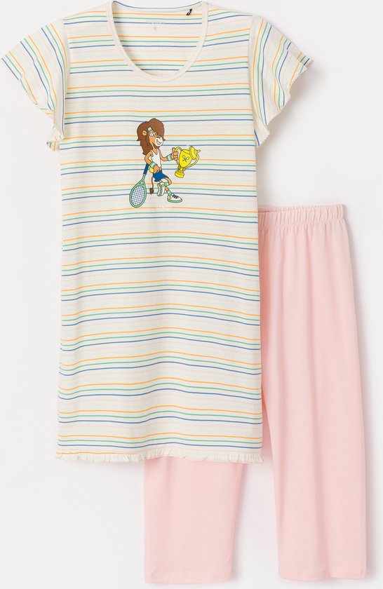 Woody pyjama meisjes/dames - multicolor gestreept - leeuw - 241-10-BAB-S/910 - maat XL