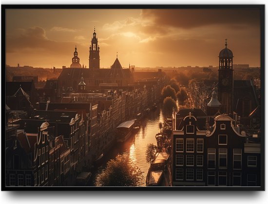 Amsterdam van boven in de avond met een prachtige gracht en kerken Fotolijst met glas 50 x 70 cm - Prachtige kwaliteit - Nederland - Foto - Poster - Glazen plaat ervoor - inclusief ophangsysteem