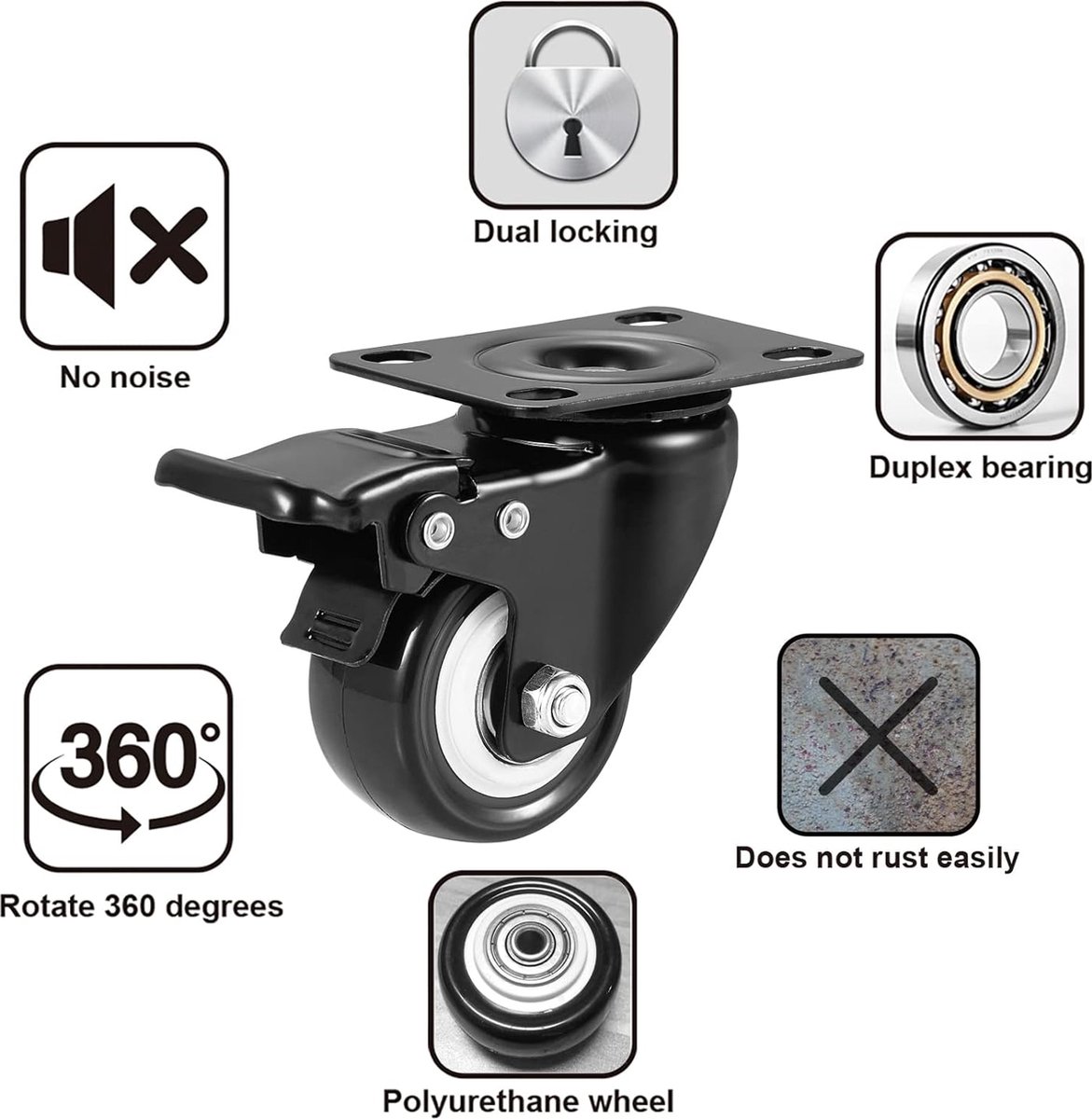 uyoyous - Set van 4 zwenkwielen voor zware lasten - 200 mm - Met 360
