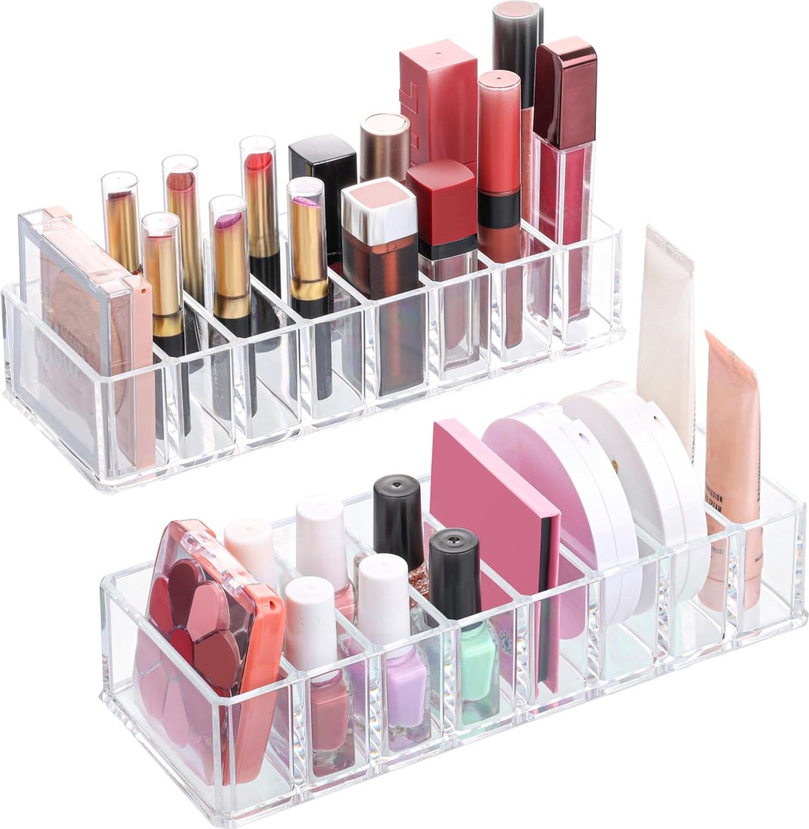 Transparant acryl oogschaduw make-up organizer met 8 vakken (2 stuks) 21,5 x 8,5 cm compacte lades en bureau-organizer make-up cosmetische opbergruimte voor oogschaduw, blush en bronzer