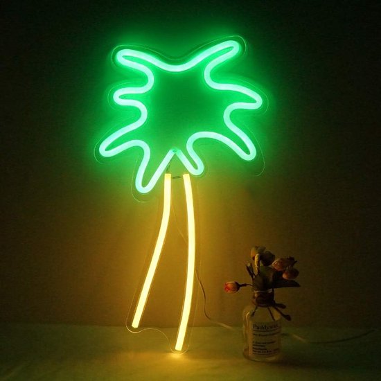 Groenovatie LED Neon Wandlamp "Kokospalm" - Op USB - 48x25x2cm - Groen / Geel