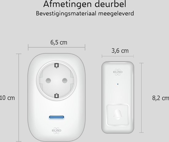 Afmetingen van een witte deurbel (8,2 cm x 3,6 cm) en een witte stekker-ontvanger (10 cm x 6,5 cm).