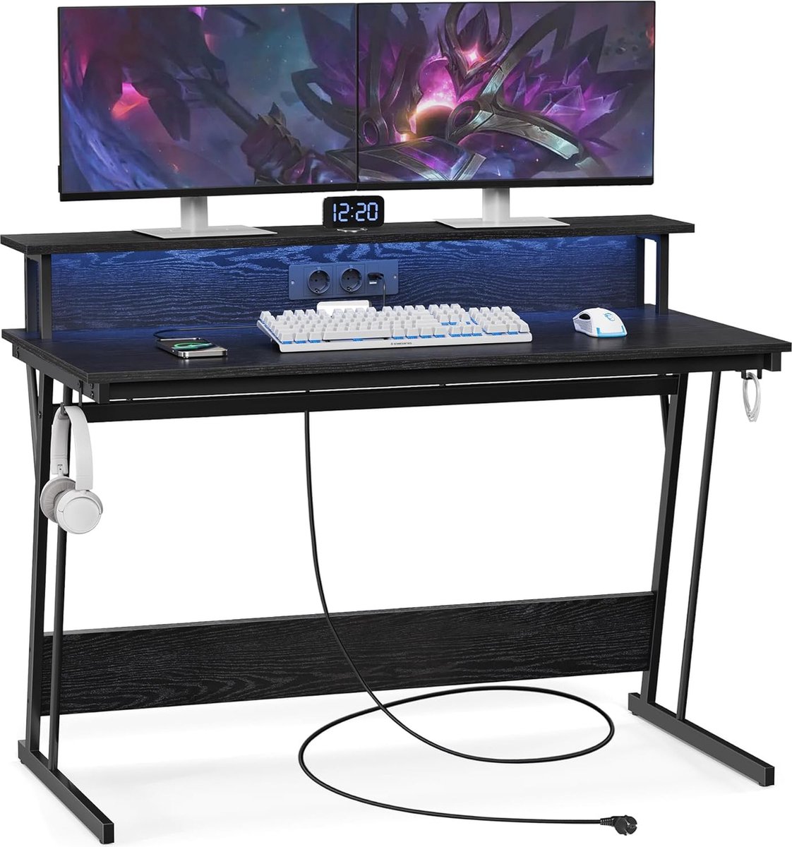 Gaming Bureau - Game Desk Met LED Verlichting - Ingebouwde stekkerdoos - standaard voor 2 monitoren - Zwart - 60 x 100 x 76 cm