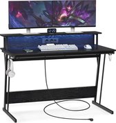 Signature Home Avi Gaming Desk - Bureau de jeu avec Siècle des Lumières LED - Multiprise intégrée - Support pour 2 moniteurs - Zwart - 60 x 100 x 76 cm