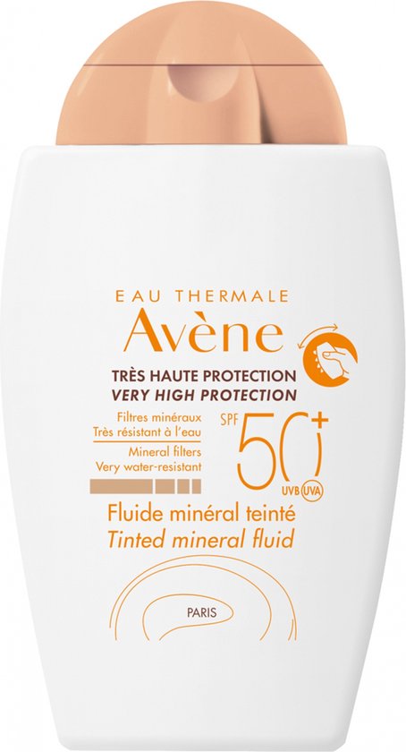 Avène getinte minerale fluid SPF 50, lichte crème textuur.