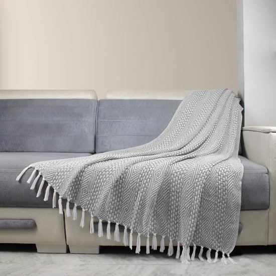 SW-Melange Grijs Plaid - 100% Katoen - Zachte en Warme Geweven Plaid voor een Knusse