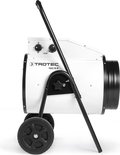 Profiel van de Trotec TDS 75 R kachel met 15 kW aanduiding en zwarte wielen.