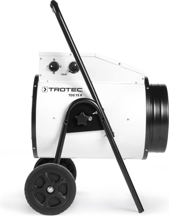 Profiel van de Trotec TDS 75 R kachel met 15 kW aanduiding en zwarte wielen.