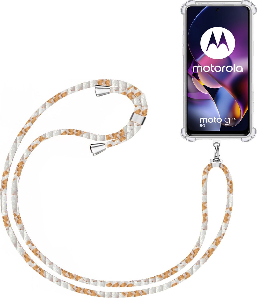 Telefoonkoord + Hoesje Geschikt voor Motorola Moto G54 - Lengte Verstelbaar - Telefoonketting - Shock Proof Case - Wit Goud