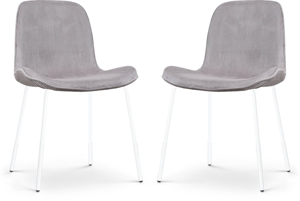 Nolon Nora-Fé Eetkamerstoelen Set van 2 Ribstof Warm Grijs - Stof - Witte Poten - Modern Rib - Warmgrijs - Wit onderstel
