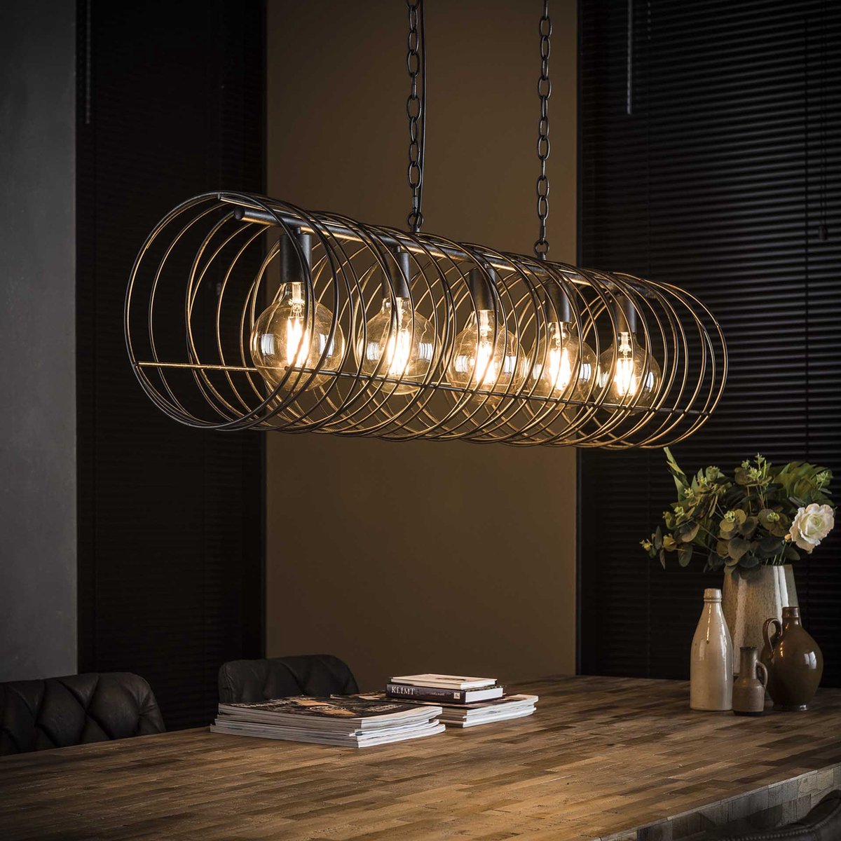 Hanglamp spiraal charcoal | 5 lichts | Cilinder Ø 28 cm | 120x30x169 cm | zwart | modern / industrieel | woonkamer / eetkamer | sfeerverlichting