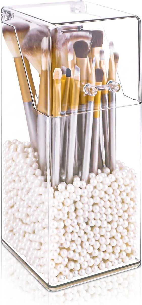 Make-upkwastenhouder met deksel, transparante acryl make-uporganizer, stofdichte cosmetica-organizer met witte kralen voor werkblad, badkamer, slaapkamer, commode, bureau