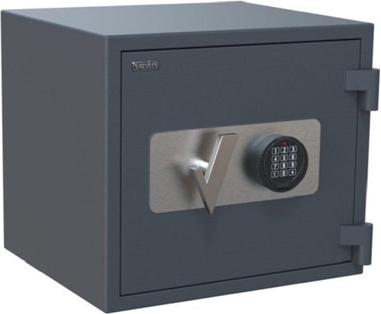 Grijze kluis met gesloten deur. De deur heeft een zilveren "V" symbool en een digitaal cijferslot.