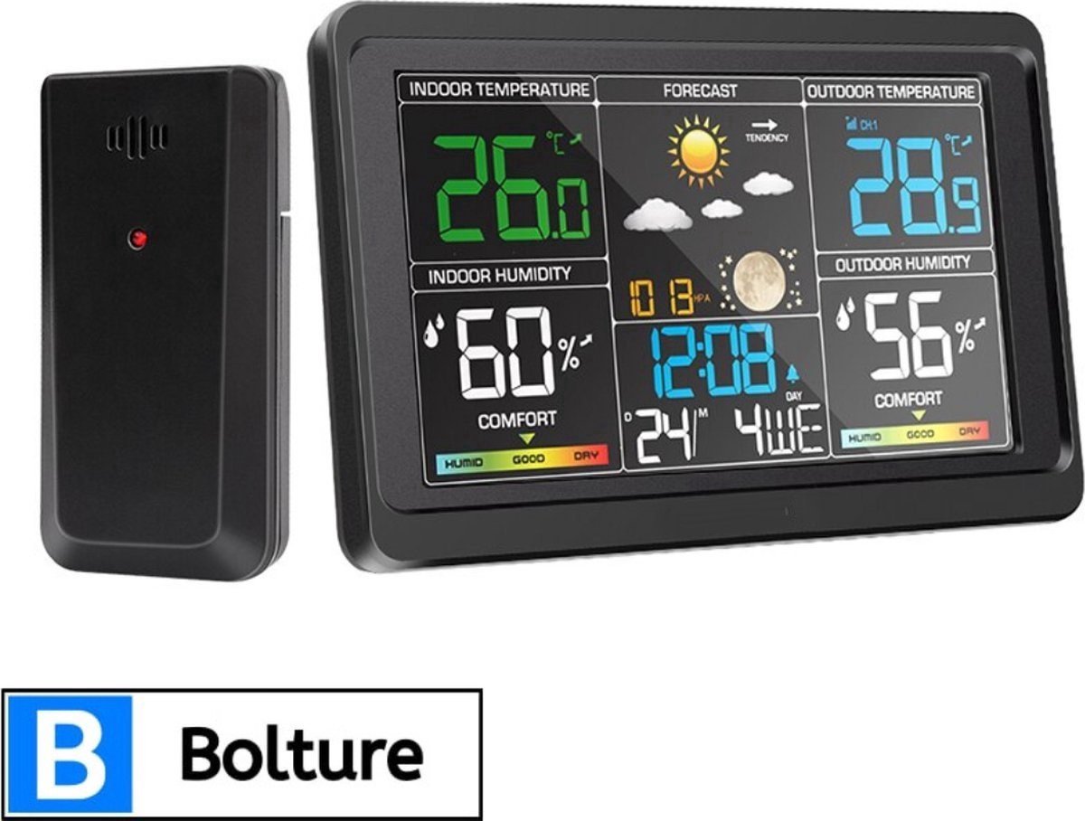 Bolture Thermometer Binnen en Buiten Digitaal - Draadloos Weerstation - Hygrometer Luchtvochtigheidsmeter - Temperatuurmeter