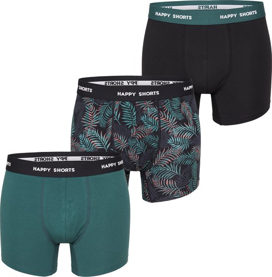 Happy Shorts Heren Boxershorts Trunks Bladeren Groen/Zwart 3-Pack